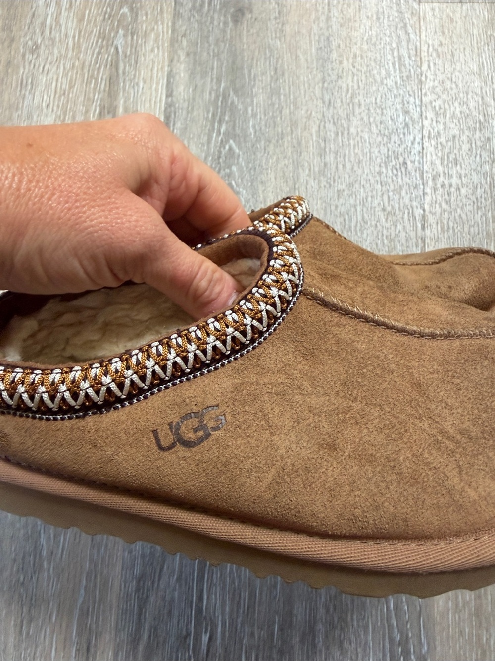UGG Chestnut Suede Shearling Slip-On Slippers with Beaded Trim - Picture 3 of 6